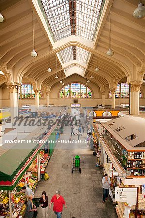 South America, Brazil, Sao Paulo, view of the Sao Paulo Municipal Market in the city centre showing the stained glass windows and the market stalls