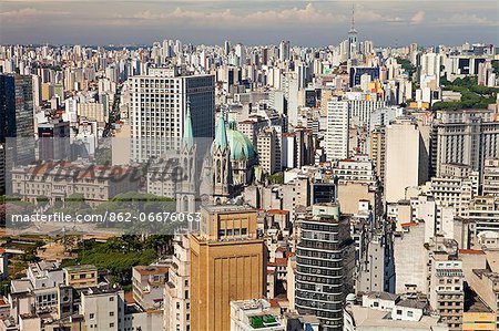 South America, Brazil, Sao Paulo, view of the Palace of Justice, the Metropolitan Cathedral of Sao Paulo and square with the Liberdade neighbourhood behind, as seen from the top of the Banespa Tower