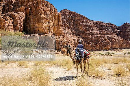 Chad, Elikeo, Ennedi, Sahara. A Toubou tribesman rides on his camel.