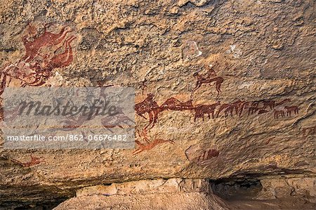 Chad, Terkei East, Ennedi, Sahara. A rock art panel on sandstone of cattle, horses and riders.