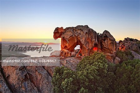 Italy, Sardinia, Olbia Tempio district, Palau, The Roccia dellOrso, Bear Rock,, the most famous of the rock formations at Capo dOrso, well known to ancient mariners as a natural point of reference.