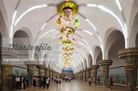 Democratic Peoples Republic of Korea. North Korea, Pyongyang. A station on the Pyongyang Metro.