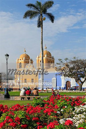 South America, Peru, La Libertad, Trujillo, a general view of the main square with the municipal cathedral in the background