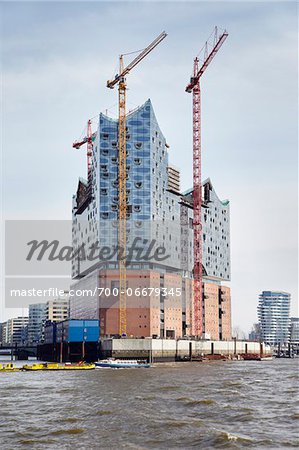Elbe Philharmonic Hall with Construction Cranes on Elbe River, HafenCity, Hamburg, Germany