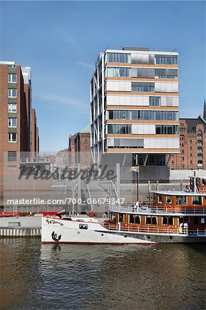 Boats and Buildings along New Hafencity and Old Speicherstadt Districts in Hamburg, Germany