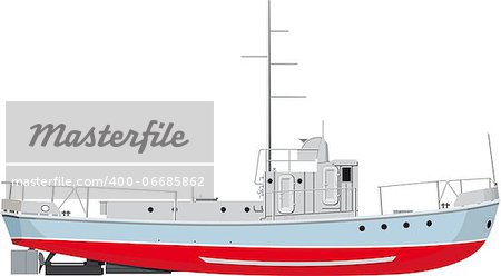 small fishing boat side view. detailed illustration isolated on white background