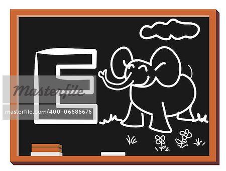 Illustration of alphabet letter E with a cute little Elephant on grass with a beautiful flower on blackboard. E is for Elephant