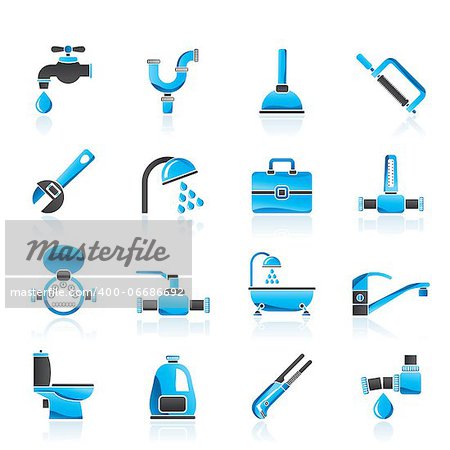 plumbing objects and tools icons - vector icon set