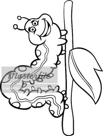 Black and White Cartoon Illustration of Funny Caterpillar Insect on stick with leaf for Coloring Book