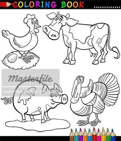 Black and White Coloring Book or Page Cartoon Illustration Set of Funny Farm and Livestock Animals for Children