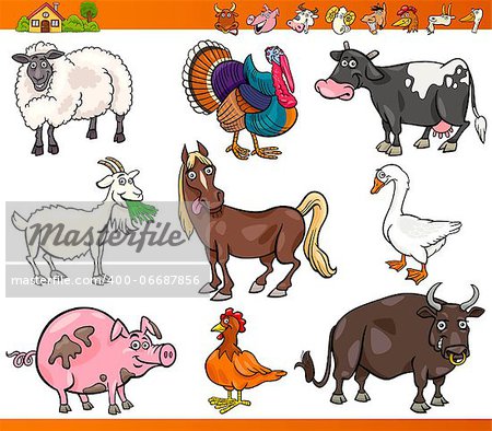 Cartoon Illustration Set of Happy Farm and Livestock Animals isolated on White