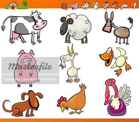 Cartoon Illustration Set of Funny Farm and Livestock Animals isolated on White