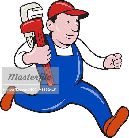 Illustration of a plumber with monkey wrench done in cartoon style on isolated background.