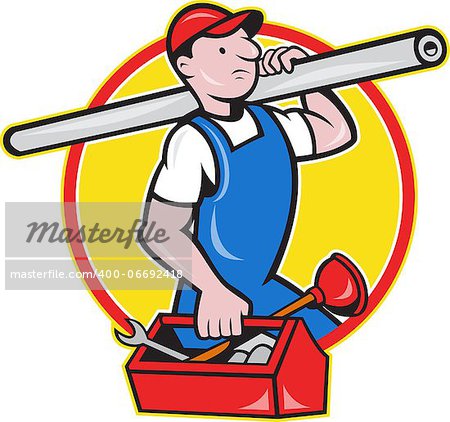 Illustration of a plumber carrying pipe and toolbox running done in cartoon style on isolated background.