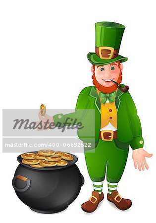 Leprechaun with cauldron full of gold coins isolated  on white