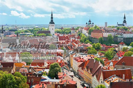 Panoramic view on the Old City of Tallin under the cloud sky; GPS information is in the file