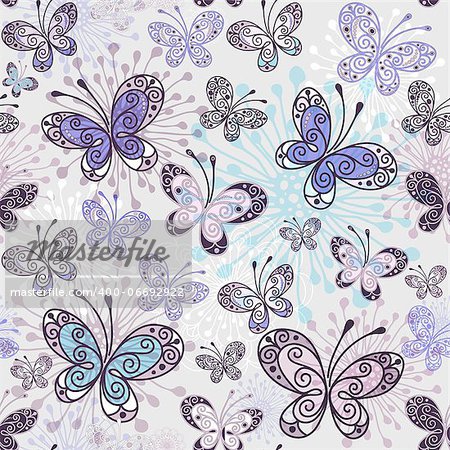Pink-violet-blue seamless pattern with transparent butterflies (vector EPS 10)