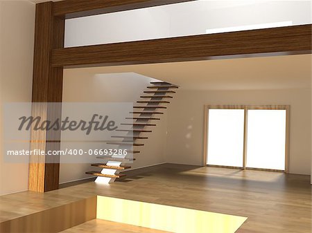 3d rendering of a lounge with staircase