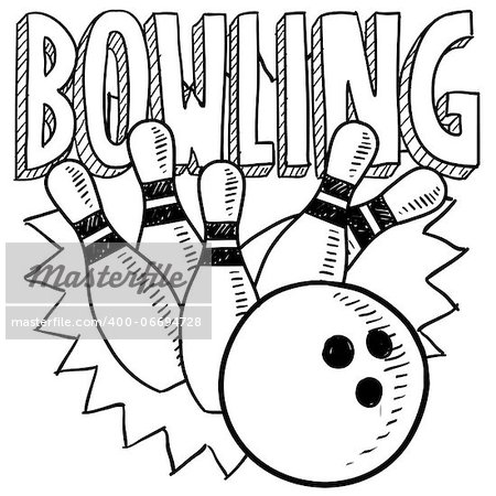 Doodle style bowling sports illustration in vector format. Includes title text, bowling ball, and pins.