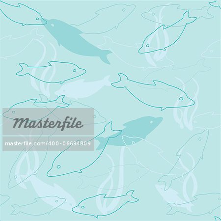 Seamless vector background with dolphins in blue