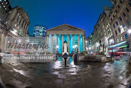 Night view of British financial heart, Bank of England and Royal Exchange. The photo was taken at a slow shutter speed wide-angle fisheye lens