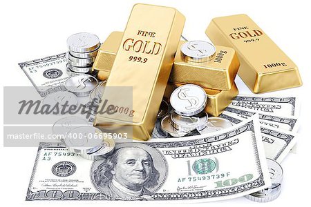 gold bars, coins and paper money. isolated on white.