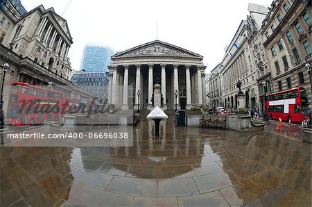 View of British financial heart, Bank of England and Royal Exchange. Shot made â??â??fisheye lens