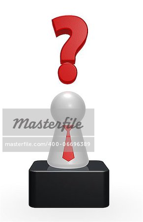 question mark over play figure with tie - 3d illustration