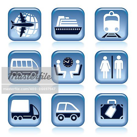 Set of blue travel icons over white background