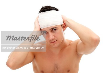 Young man with bandage on his head isolated on white background