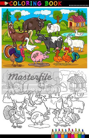 Coloring Book or Coloring Page Cartoon Illustration of Funny Farm and Livestock Animals for Children Education