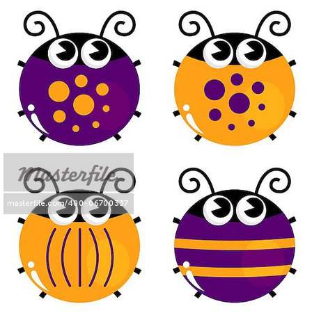 Cute little funny bugs set - orange and purple.