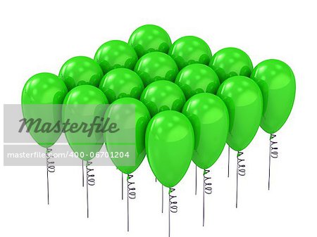 Balloons of colorful green rising up. Decoration for July 4th, birthday or anniversary celebration