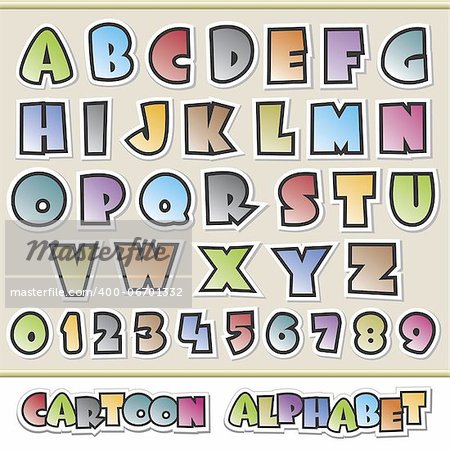 Vector illustration of colorful cartoon alphabet  for design elements. Grouped and layered for easy editing
