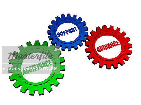 assistance, support, guidance - business concept words in 3d color gearwheels