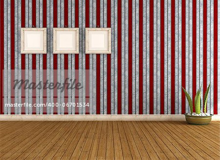 Vintage empty room with striped wallpaper and old frame - rendering