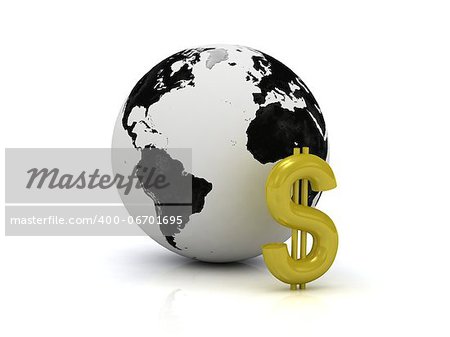 3D abstraction. Dollar signs in gold and the planet on a white background