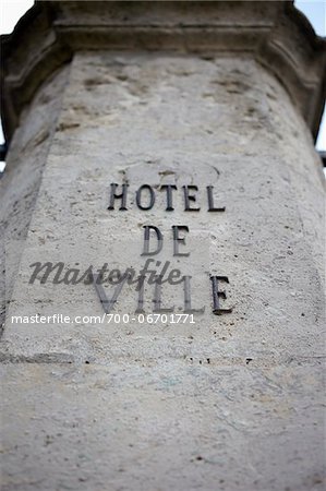 Close-up of Sign on Pillar, Town Hall, Orleans, Loiret, Central Region, France