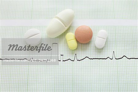 close-up of an electrocardiogram report and variety of pills