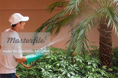 Pest control technician using high pressure spray gun and hose with heavy duty gloves