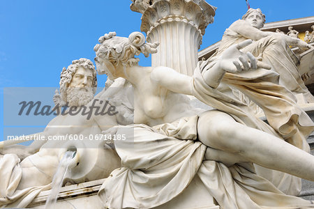 Pallas Athene statue detail in front of Austrian Parliament in Vienna. Vienna, Austria.