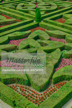 Elevated views of formal hedged garden of Villandry castle. The renaissance castle is famous for its gardens, created from 16th century designs. UNESCO World Heritage Site. Villandry Castle, Chateau de Villandry, Indre-et Loire (Department), Loire Valley, France.