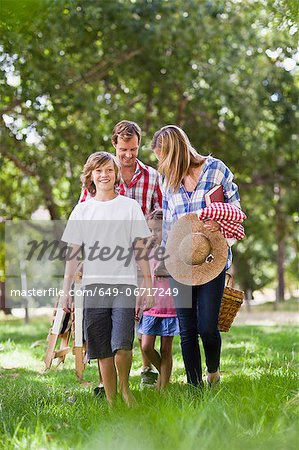 Family with picnic basket in park