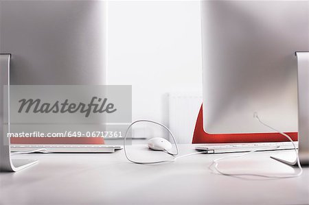 Mouse in between computers on desk