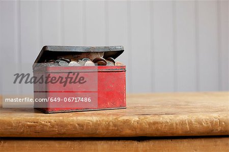 Antique tin full of money on desk