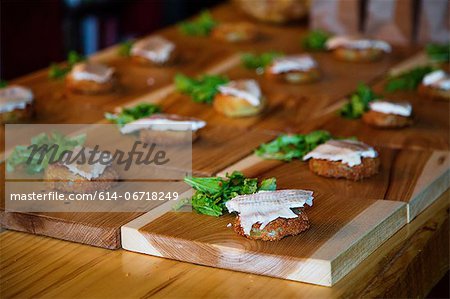 Fish patties with lettuce on boards