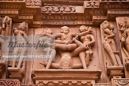 Close-up of erotic carvings at a temple, Lakshmana Temple, Khajuraho, Chhatarpur District, Madhya Pradesh, India