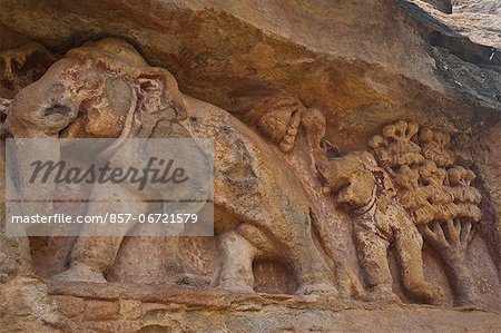 Details of elephant carving at an archaeological site, Udayagiri and Khandagiri Caves, Bhubaneswar, Orissa, India