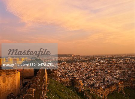 Defensive wall of a fort with cityscape, Nahargarh Fort, Jaipur, Rajasthan, India