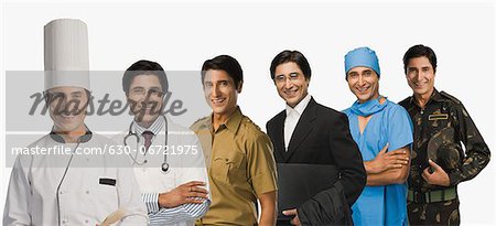 Multiple images of a man in different occupations uniforms